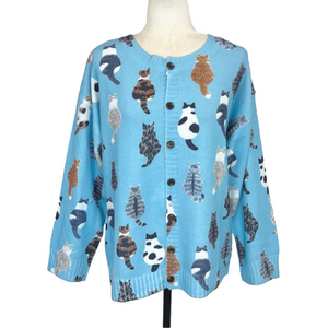 Blue cat motif cardigan sweater